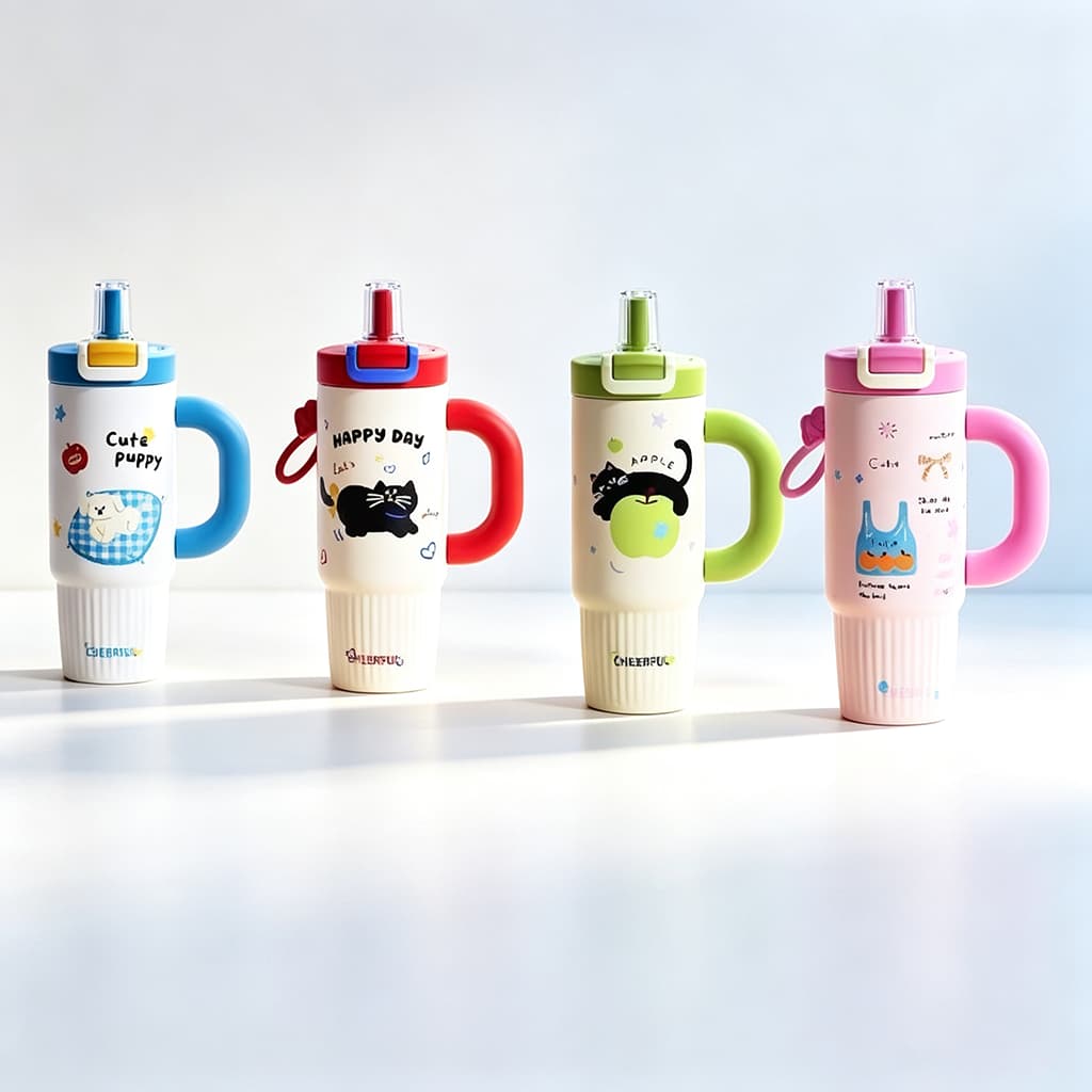 Copo Térmico 800ml Infantil com Canudo e Alça Design Fofo Isolamento Térmico Quente e Frio