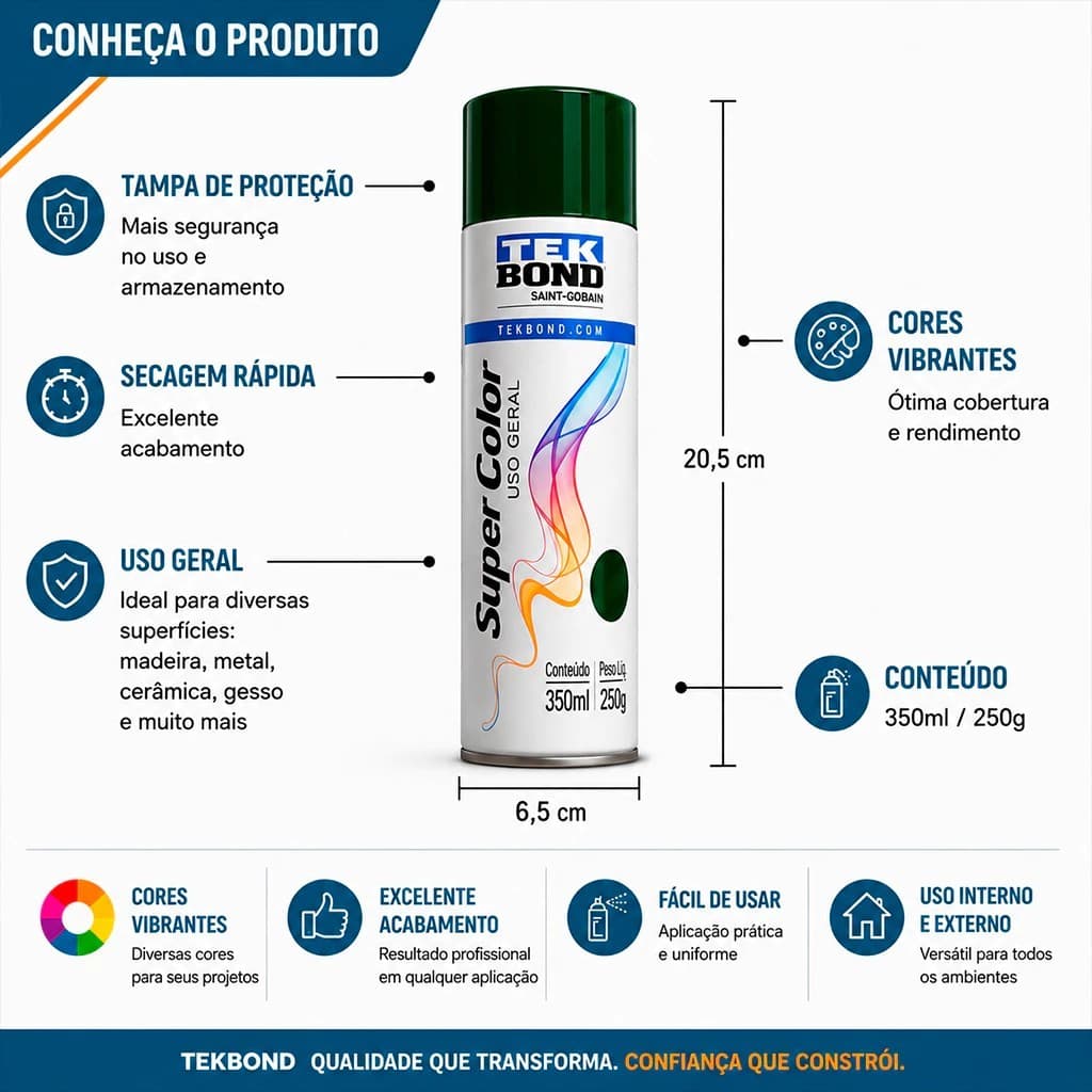 Kit 02 Tinta Spray Tekbond Uso Geral 350ML Branco brilhante Secagem Rápida Alta Performance