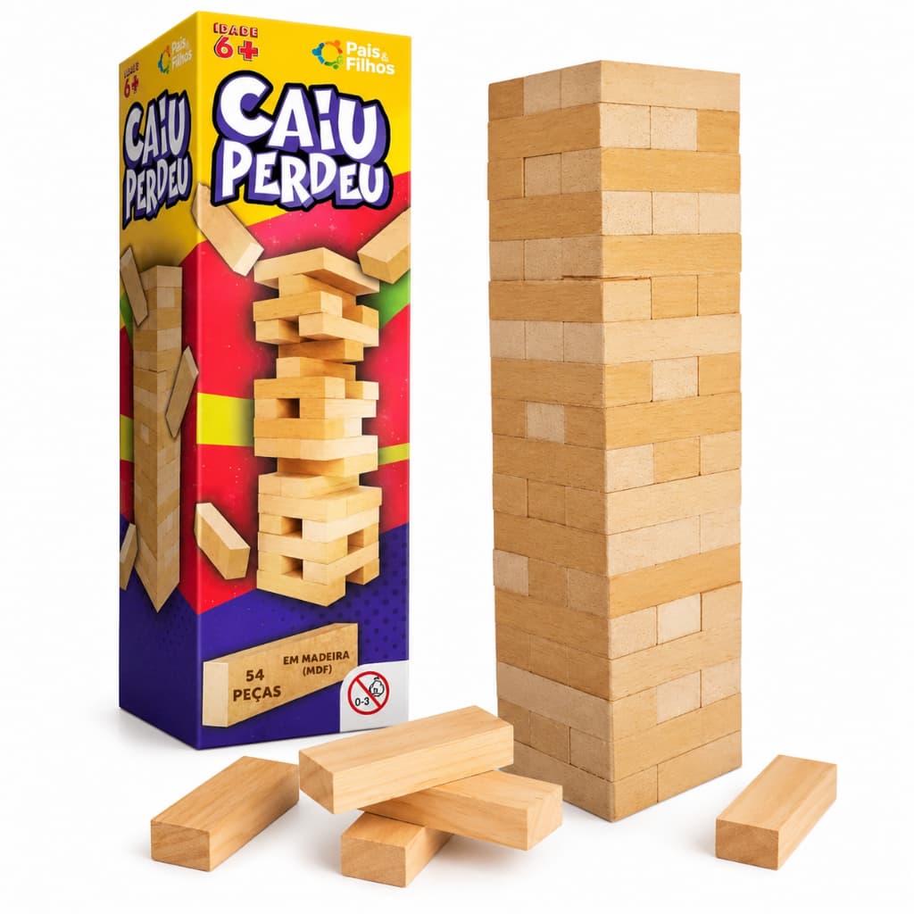 Jogo Caiu Perdeu Pais & Filhos 54 Peças de Madeira Jogo da Torre