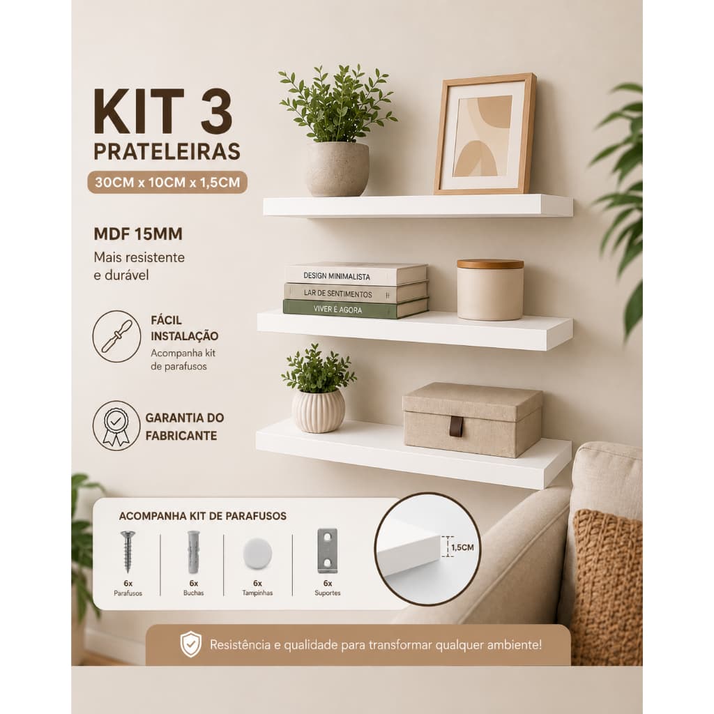 Kit 3 Prateleiras Brancas MDF 30x10cm Nicho Decorativo de Parede para Sala Quarto Cozinha Banheiro Escritório