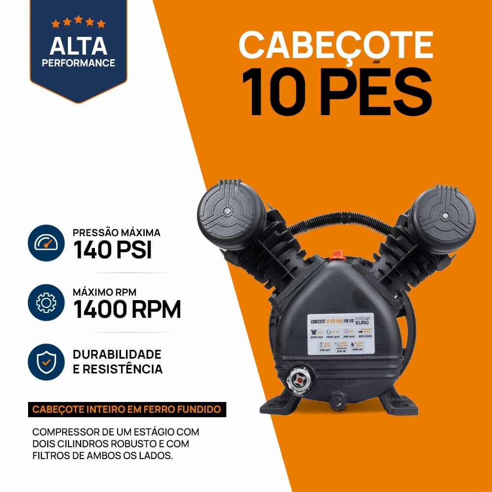 Cabeçote Compressor de Ar 10 Pés em Ferro Fundido 2 Pistões 140Psi - Pró Euro