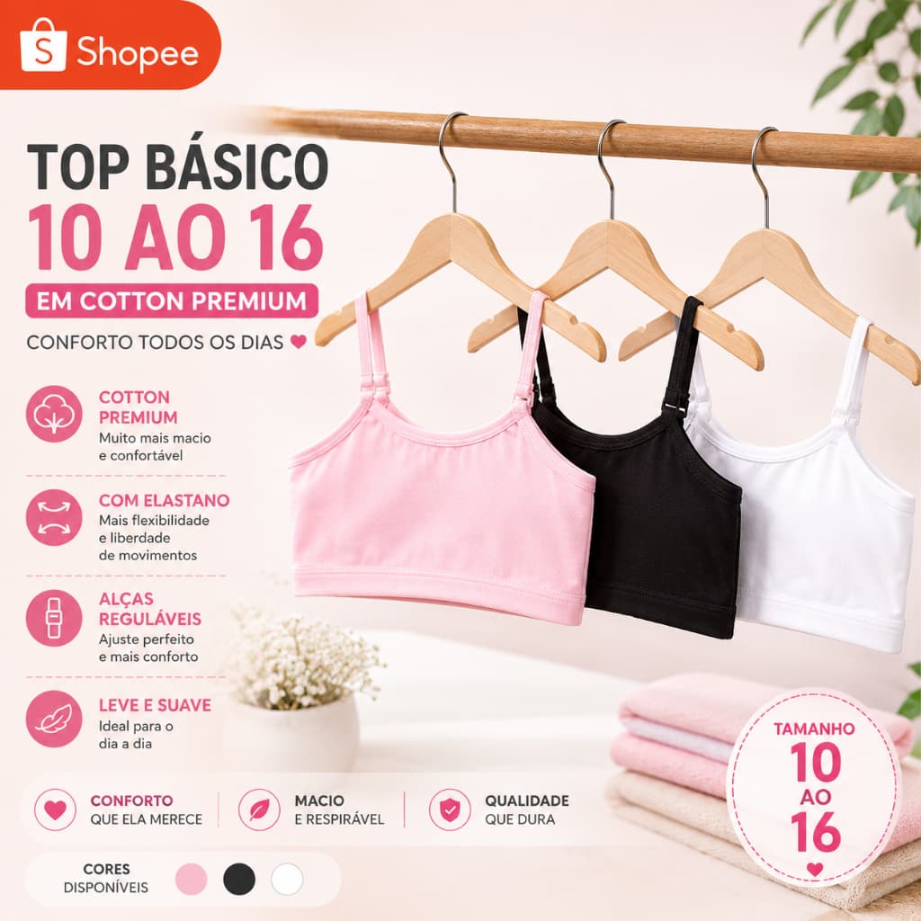 Top básico Sutiã Infantil Algodão com Elastano Regulador de Alça Confortável Elasticidade veste 10 ao 16