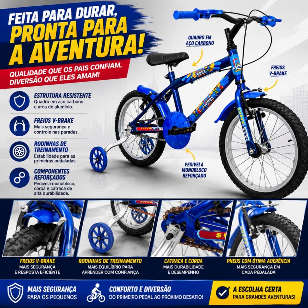 Bicicleta  Hero Aro 16 Infantil Menino Com Rodinha Aro de Alumínio Presente dia das Criança