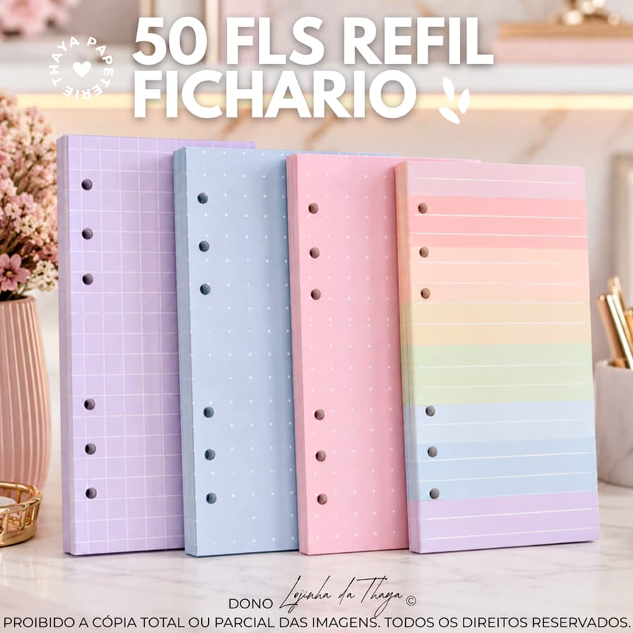 refil fichário binder 50 folhas de 90g coloridas rosa lilás azul arco-íris bullet journal bujo budget fichas a6 a5 a4