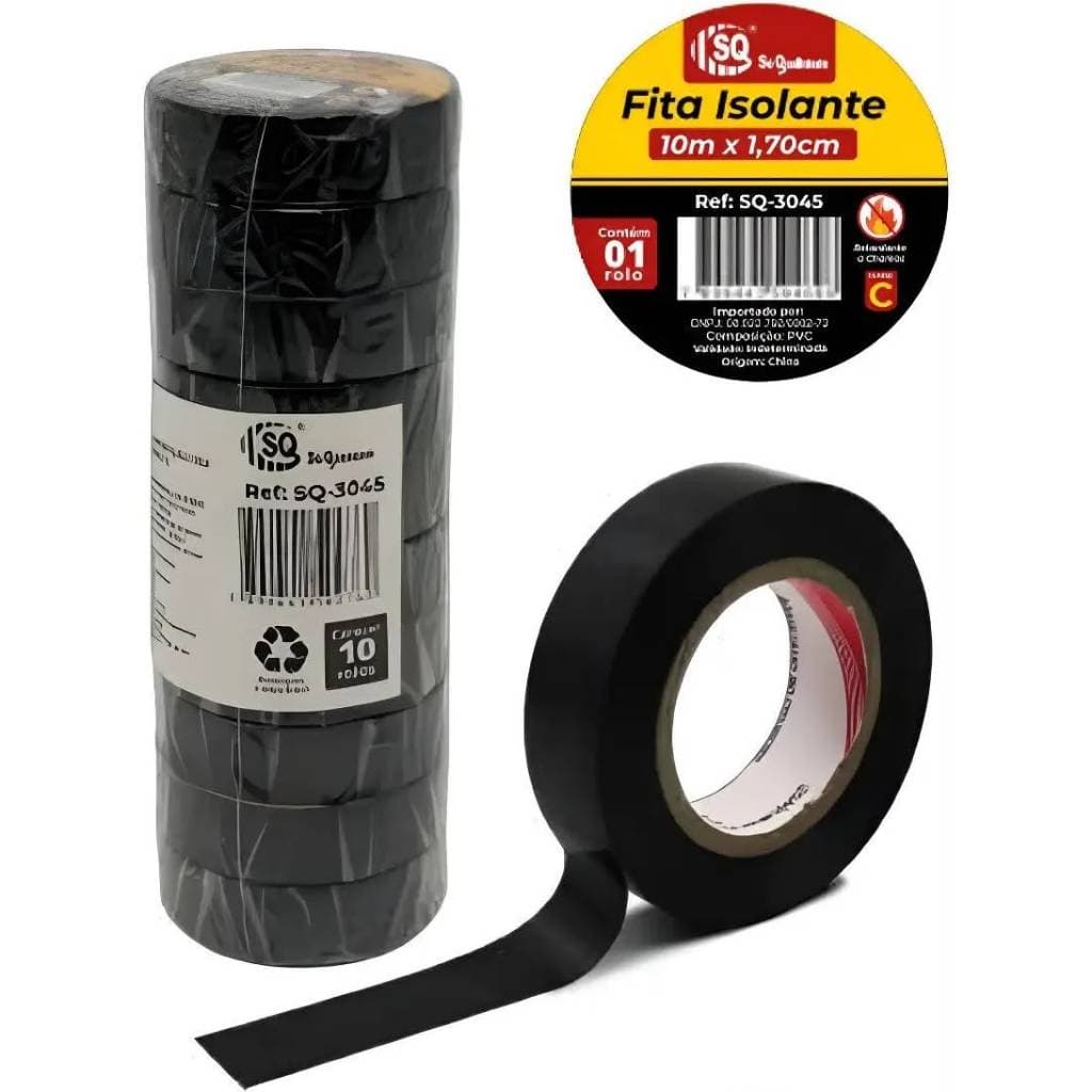 kit 10 Rolos Fita Isolante Elétrica Preta PVC Alta Aderência Resistente para Fios e Cabos
