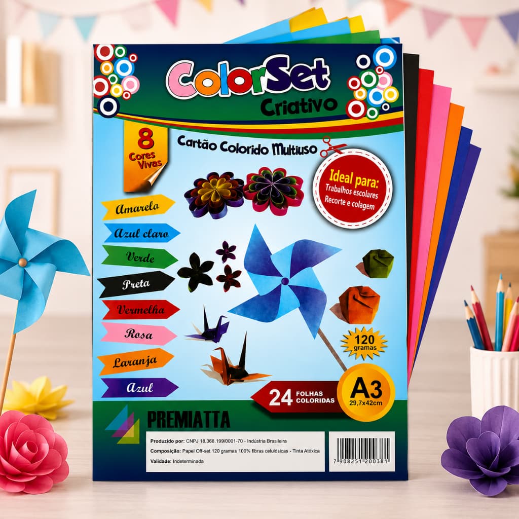Papel A3 Colorido 120g 24 Folhas 8 Cores Premiatta Artesanato Escola