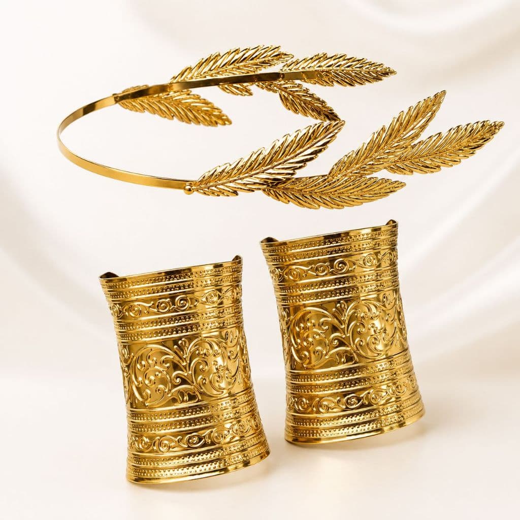 Kit Acessorios Fantasia de Deusa Grega Bracelete Tiara de Folha de Ouro Coroa Mitologia