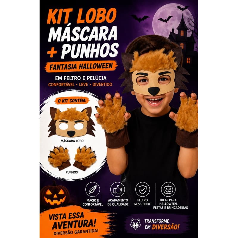 fantasia Lobo mau kit máscara + punhos em pelúcia