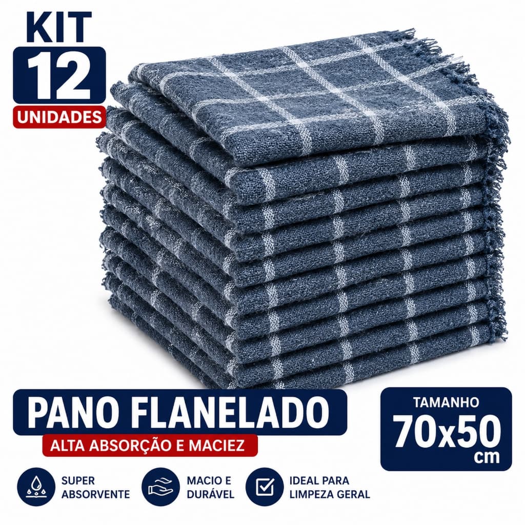 Kit 12 Pano de Chão Xadrez Extra Grande Flanelado 70x50cm 100% Algodão