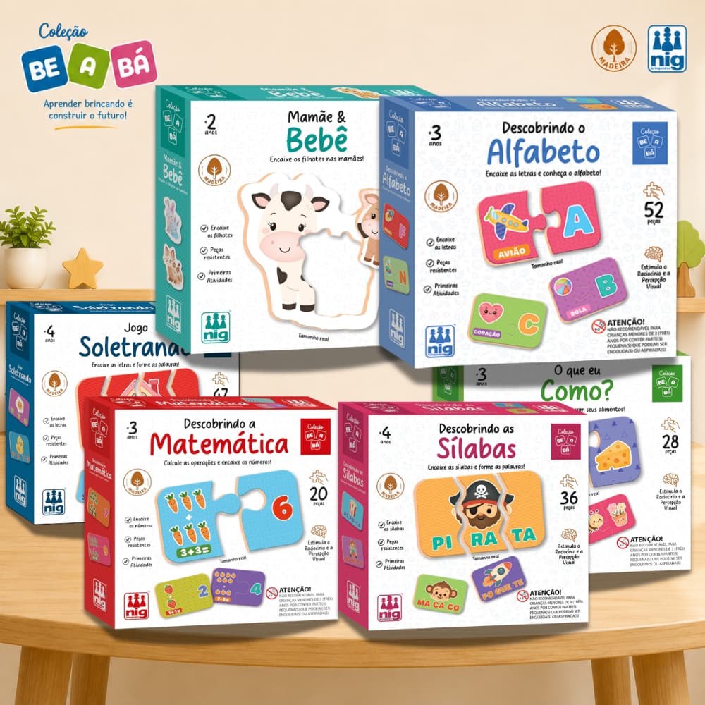 COLEÇÃO BE A BÁ NIG | JOGOS EDUCATIVOS EM MADEIRA | ALFABETO, SÍLABAS, MATEMÁTICA | BRINQUEDO 2 A 4 ANOS
