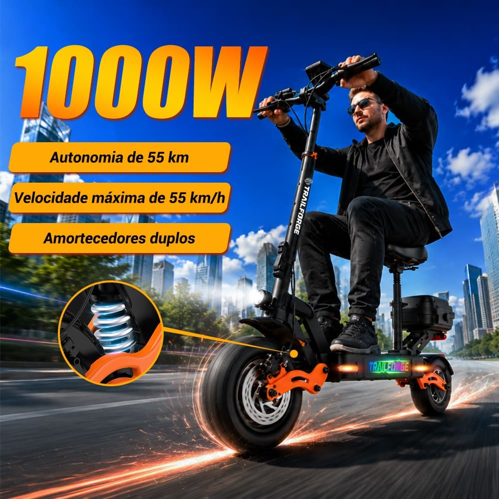 TRAILFORGE-1000W Patinete Elétrico 55KM/H 18AH Autonomia de 55 km Amortecimento duplo