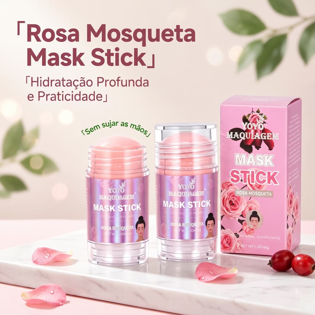 Máscara Stick Rosa Mosqueta 40g Hidratação Profunda Reparação Noturna Aplicação Sem Sujar as Mãos Compacto para Viagem