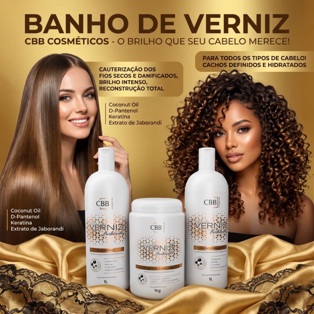 Kit Banho de Verniz + Brilhante CBB Cosméticos. Shampoo 1L, Condicionador 1L, Máscara capilar 1Kg
