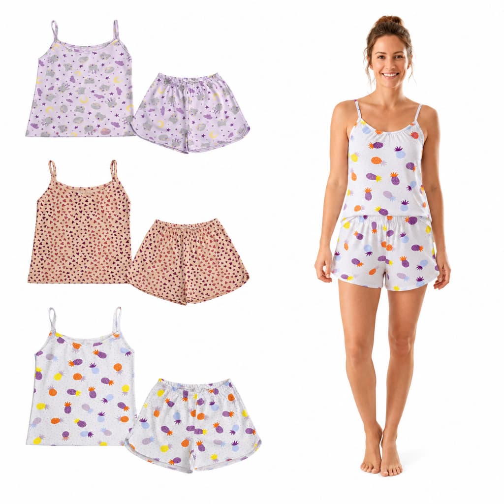 Kit 3 Pijama De Alça Feminino Verão Malha 100% Algodão Do P Ao G3 Plus Size