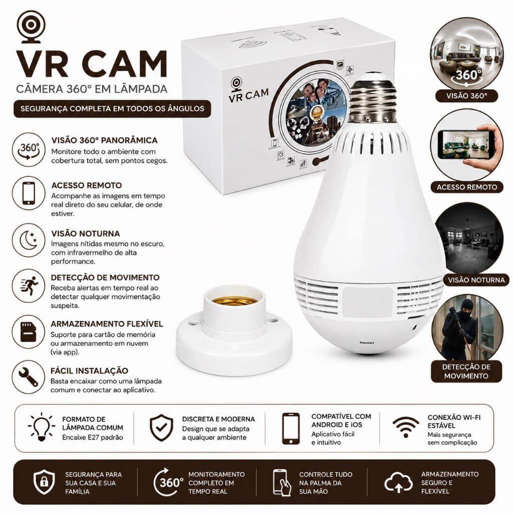 Câmera Lâmpada visão 360 graus acesso remoto pelo celular/ v380