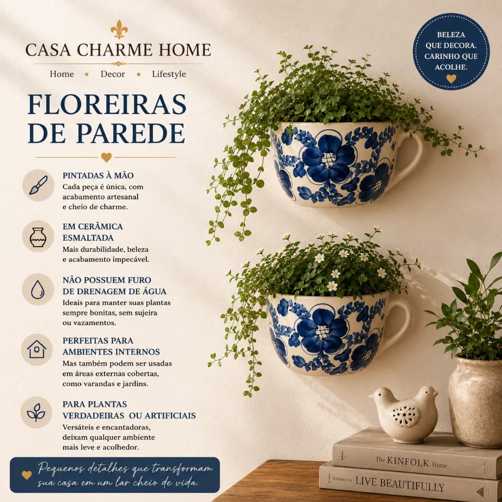 Kit Floreira de Parede Cerâmica Esmaltada Pintada a Mao Vaso Cachepot Suspenso