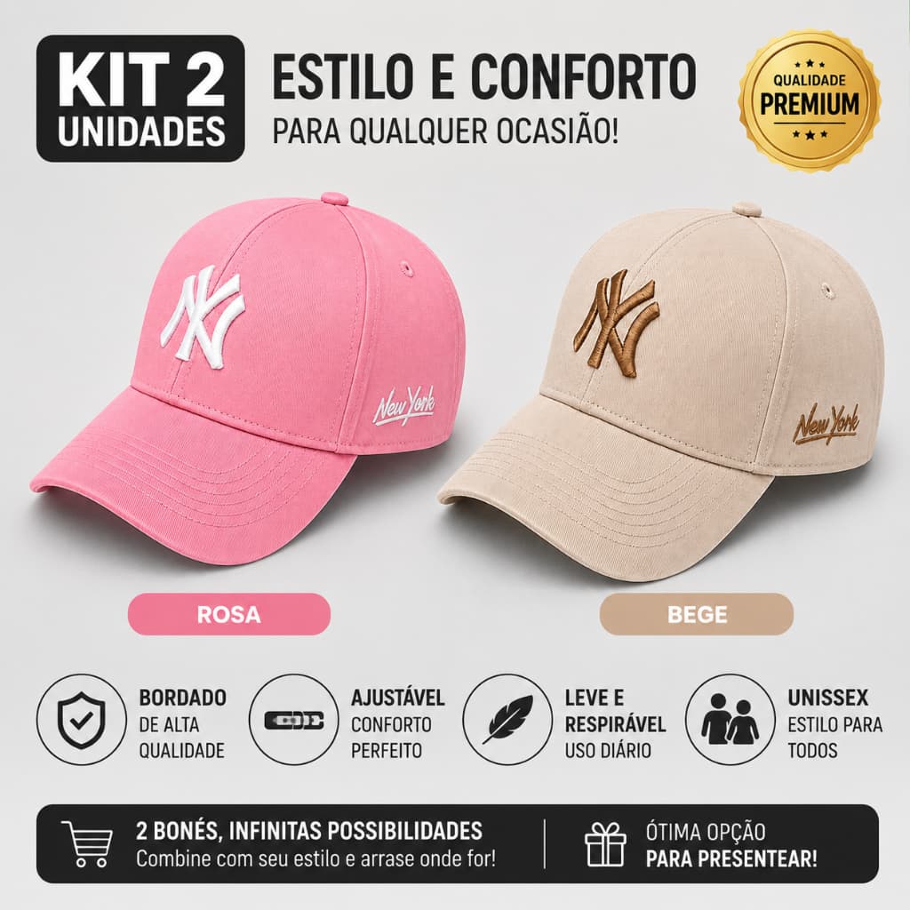 Kit Com 2 Bonés New York Bordado Premium Aba Curva Ajustável Estilo Streetwear