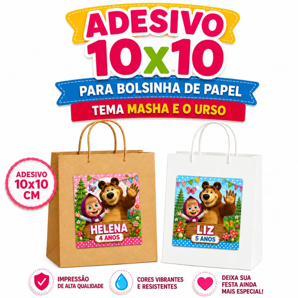Kit 40 Rótulo Adesivo Personalizado para Bolça  Infantil  Aniversário, Lembrancinha Nasha e o urso
