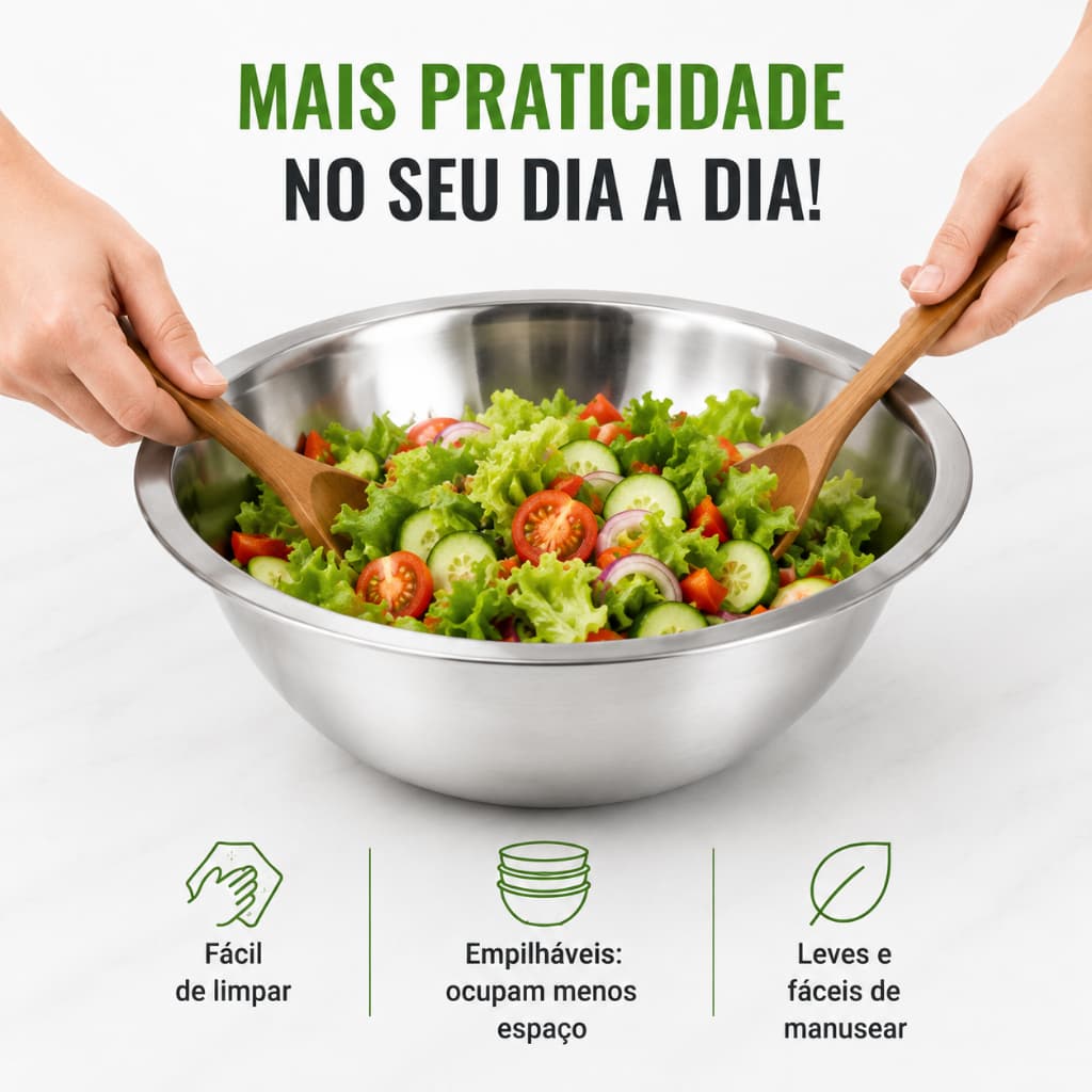 Jogo Bowl Tigelas Inox 5 Peças Inox Empilhável 15cm 17cm 21cm 23cm 27cm Gamela Bacia Cozinha