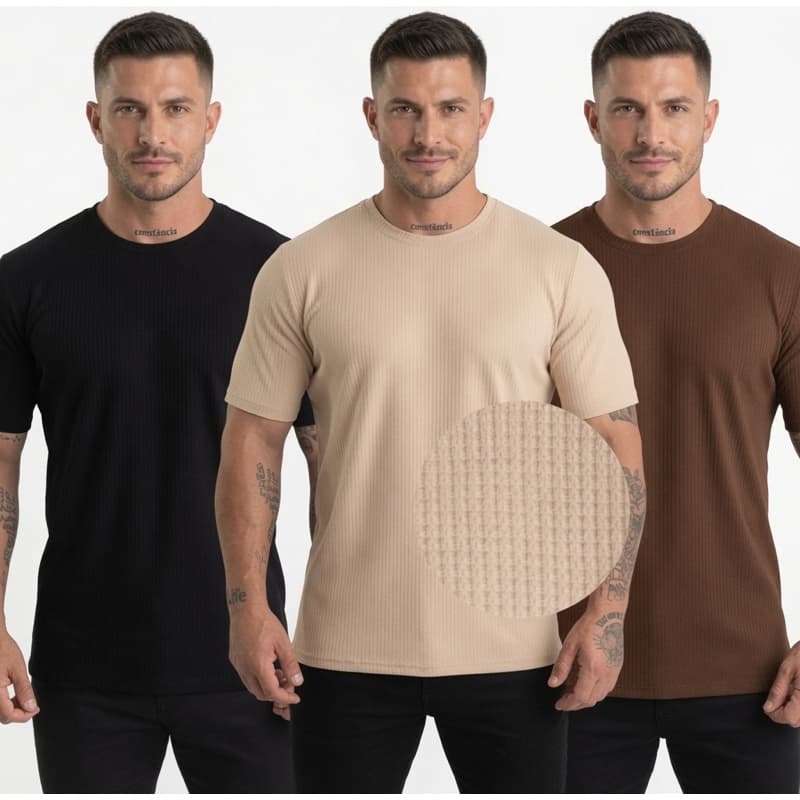 kit 3 Camisetas Texturizadas Casual Básica Reta Texturizada