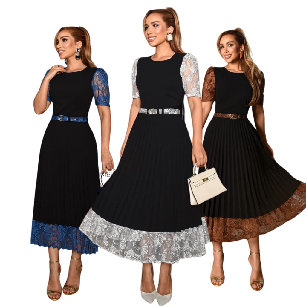 Vestido Feminino Com Elastano Barra e Cinto de Renda Saia Plissada