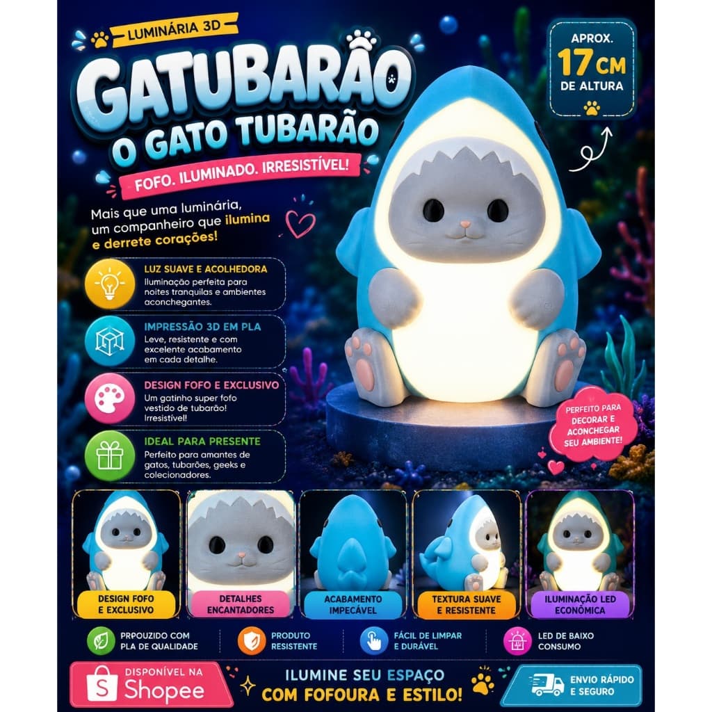 🦈🐱 Luminária Gatubarão Gatinho Tubarão LED com Fio 17cm Decoração Quarto Infantil Geek