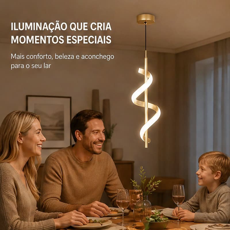 Lustre Pendente LED Espiral Dourado Tricolor Altura Ajustável Luminária Moderna Sala Jantar Cozinha Quarto