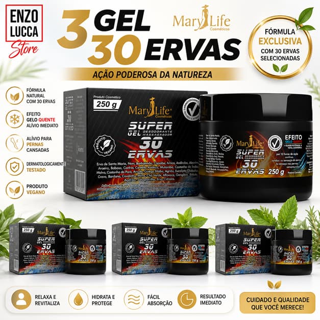 Kit 3 unid Super Gel 30 Ervas 250g Massagem Atleta Academia Relaxamento Mary Life Efeito Quente Frio
