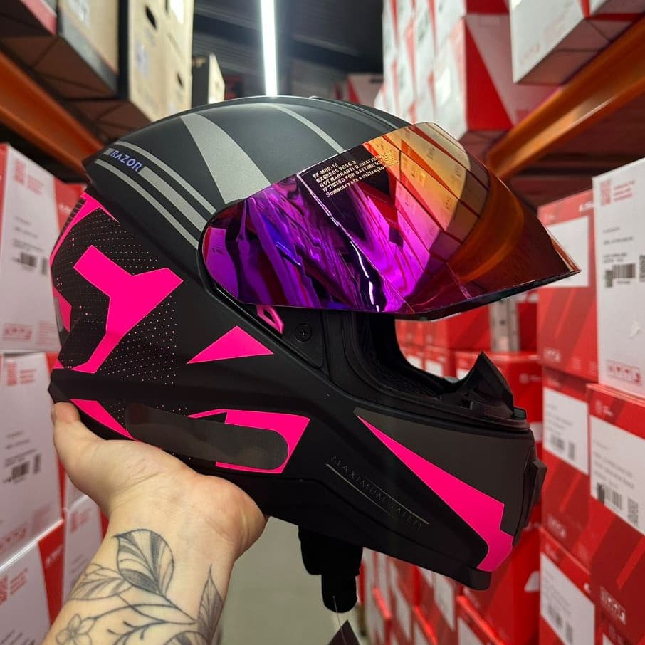 CAPACETE NORISK FEMININO RAZOR FULL ORIGINAL PRETO/ROSA + VISEIRA ROSA REVO ESPELHADA TOP NOVO