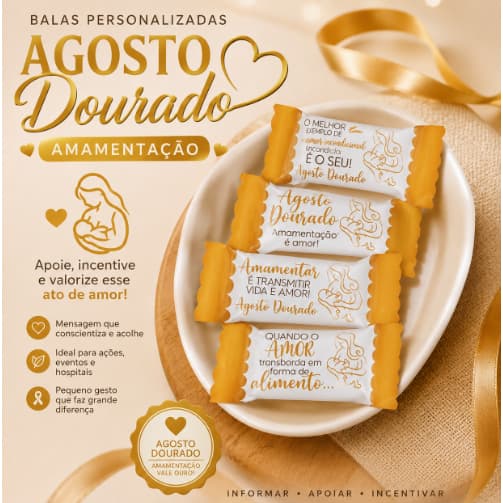 Balas Personalizadas Agosto Dourado – Amamentação | Lembrancinhas para Campanhas, Hospitais e Eventos