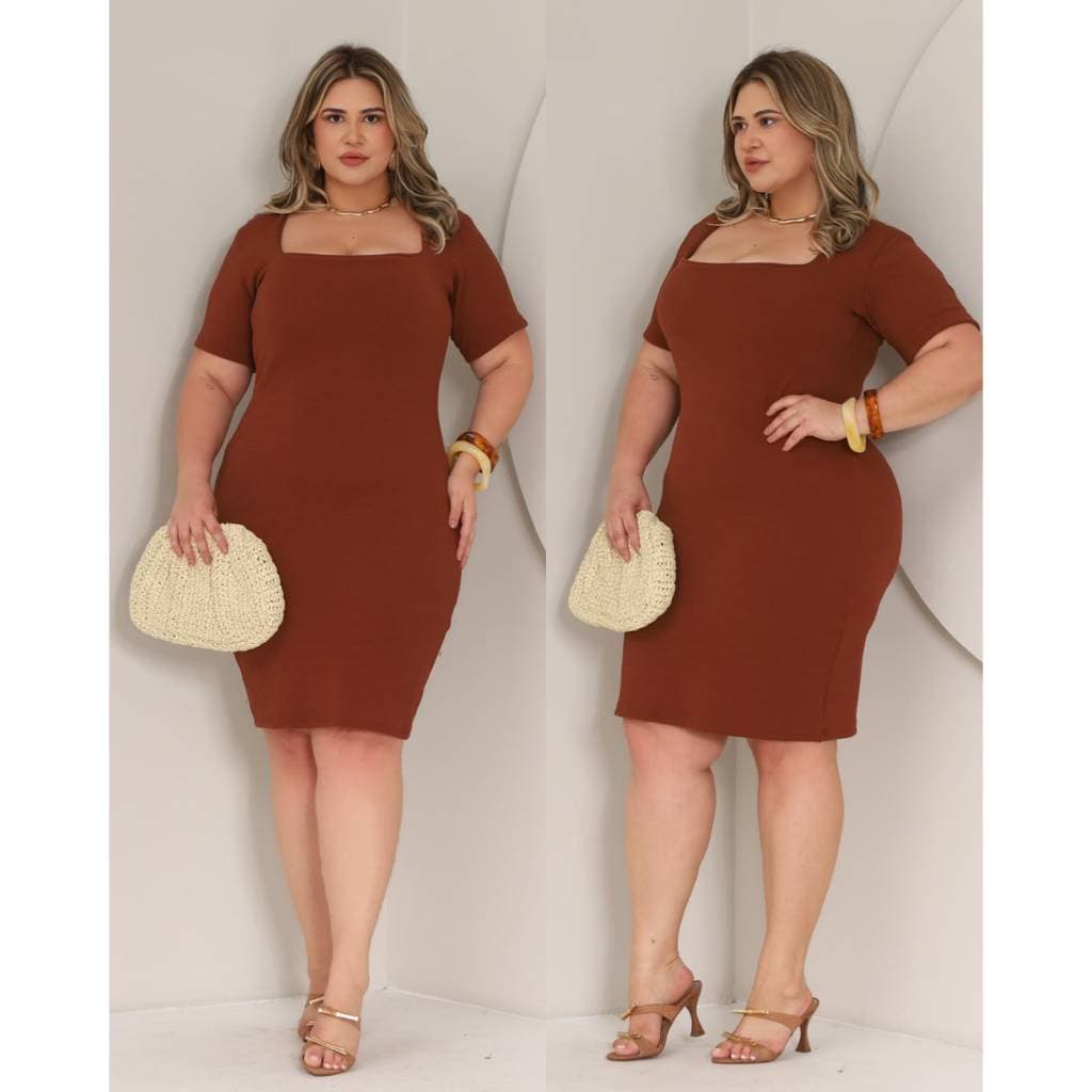 Vestido Plus Size Feminino Midi Decote Quadrado Manga Curta Canelado Básico Modela o Corpo GG G1 G