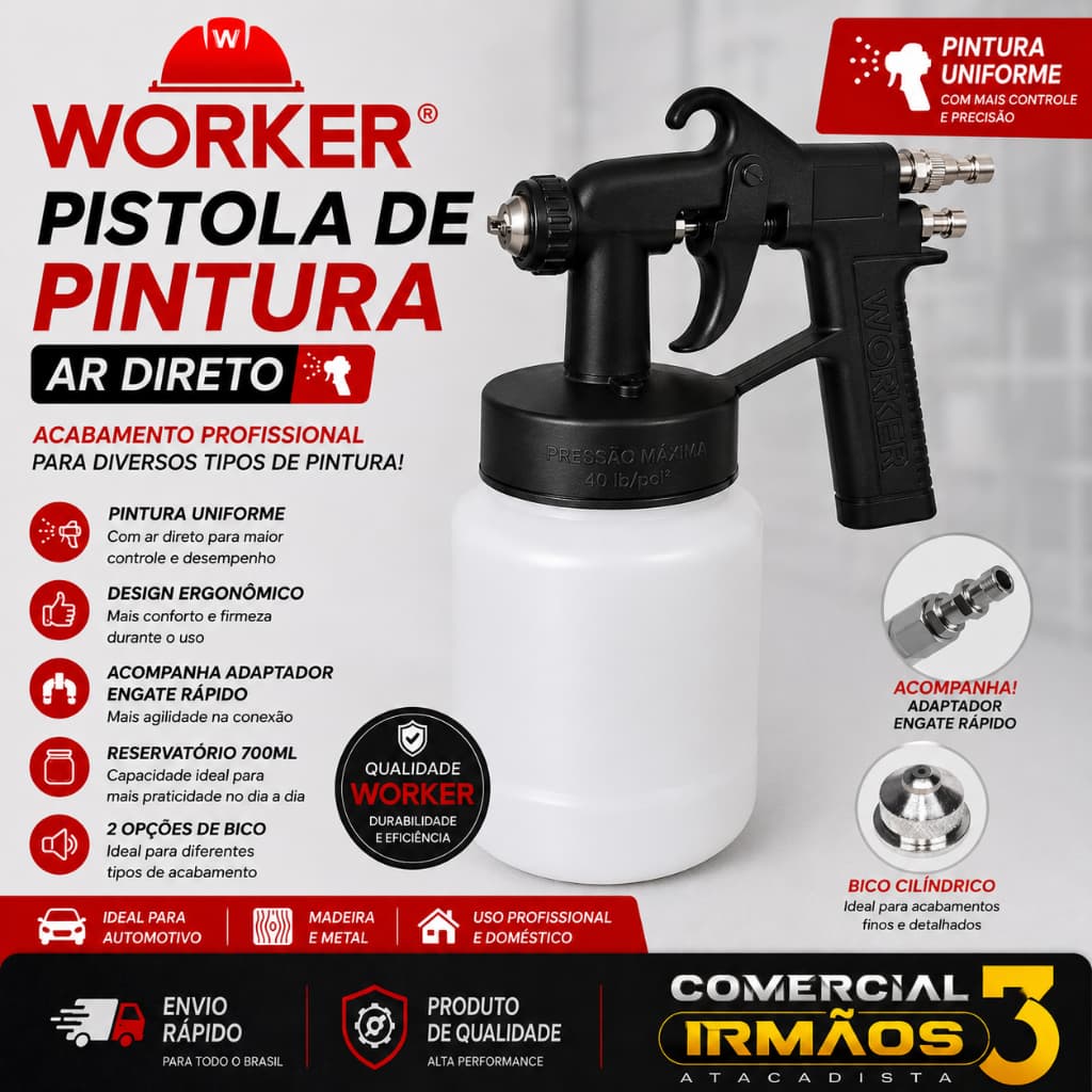 Pistola De Pintura Ar Direto 2 Bicos Copo 700ml - Worker