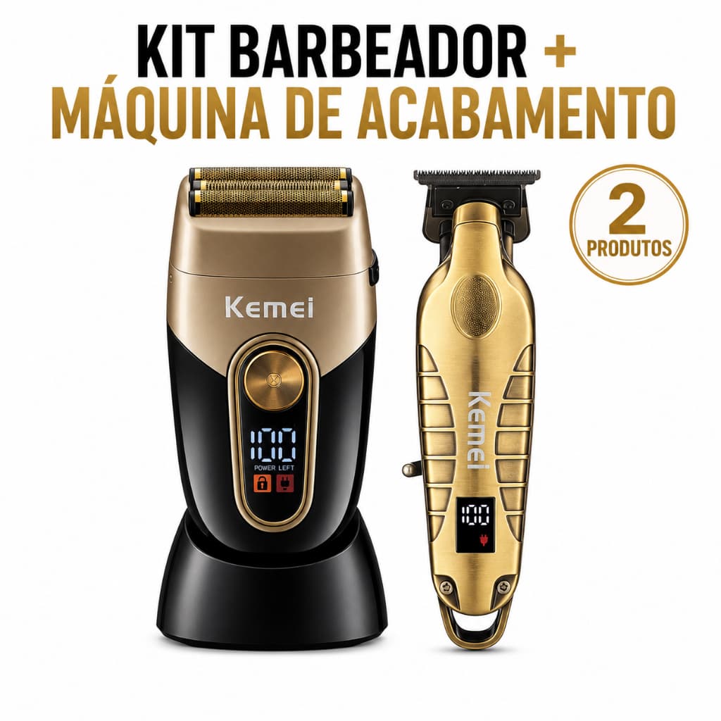 Kit Máquina de Acabamento Kemei KM-2293 + Barbeador Elétrico KM-3209 com Visor Digital