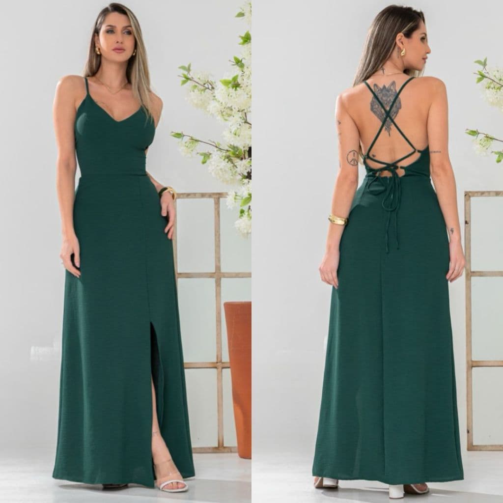 Vestido Longo Elegante Forrado com Bojo Decote V Costas de Amarração Elegante