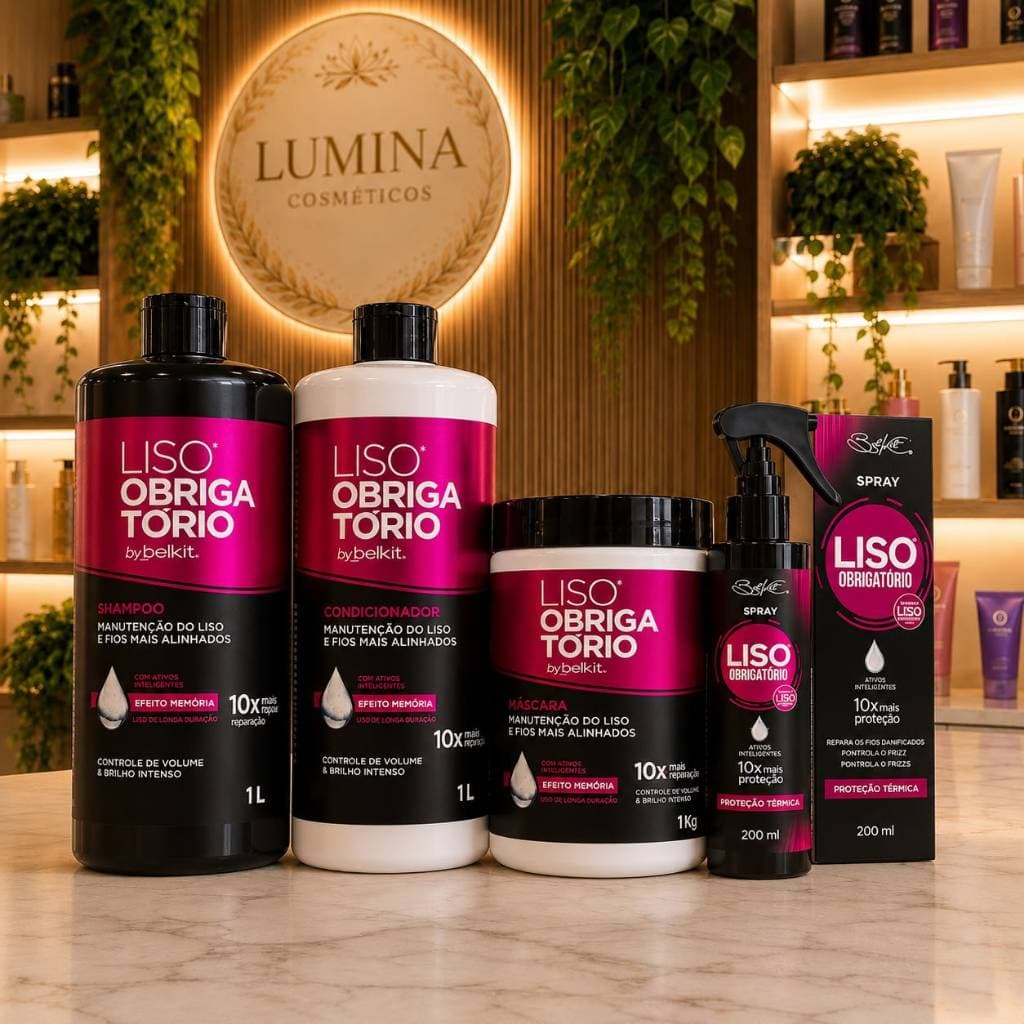 Combo Capilar PROFISSIONAL Liso Obrigatório BELKIT 1L Shampoo Condicionador Máscara + Spray Finaliz.