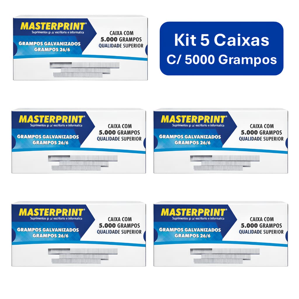 Kit 5 Caixas Grampos 26/6 Galvanizados C/5000 Unidades p/ Grampeador Masterprint