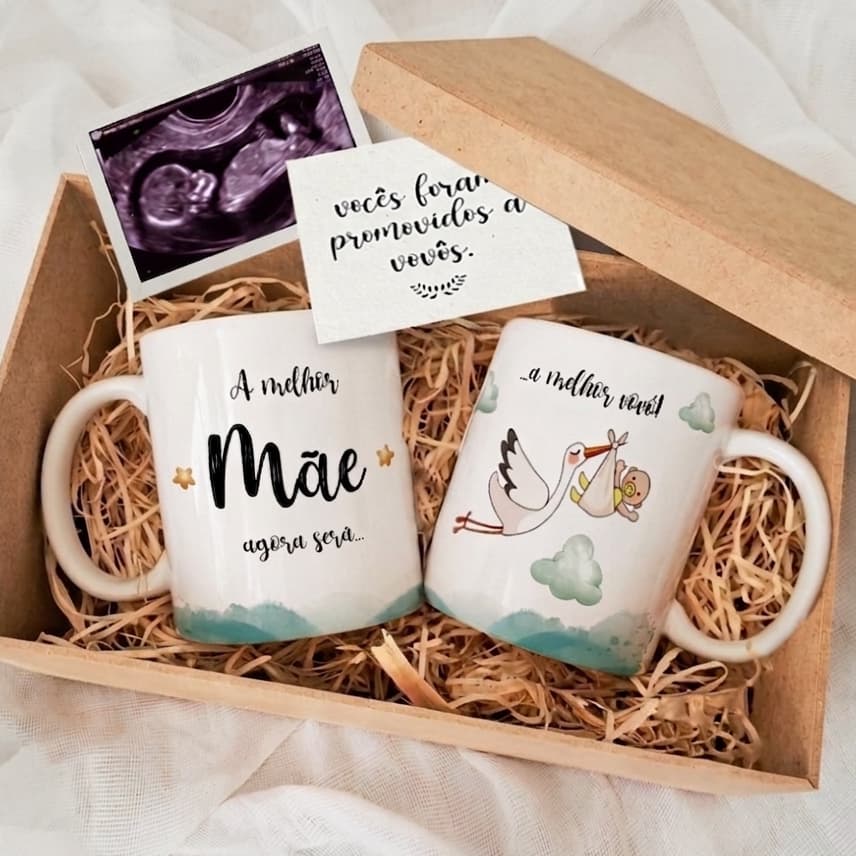 Kit Caixa Revelação de Gravidez + 1 ou 2 Canecas para Os Melhores Pais, Avós, Bisos, Padrinhos
