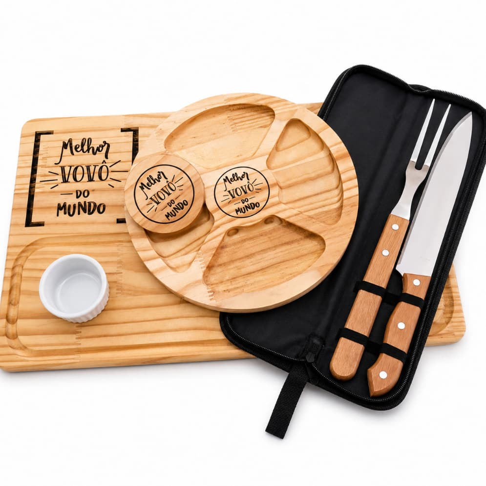 Kit Tábua Garfo e Faca com Ramekin e Abridor Petisqueira Personalizada Melhor Vovô do Mundo