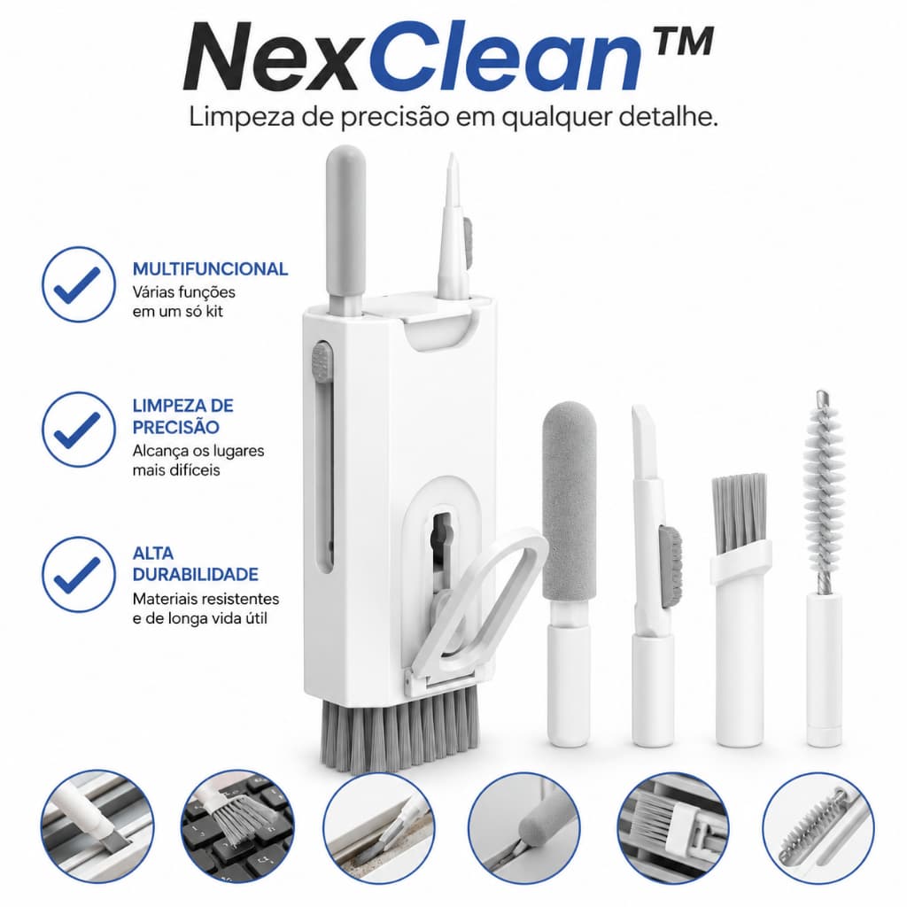 Kit Escova de Limpeza Multiuso 8 em 1 para Teclado, Notebook, Carro, Trilhos, Rejunte e Cantos Difíceis NexClean™