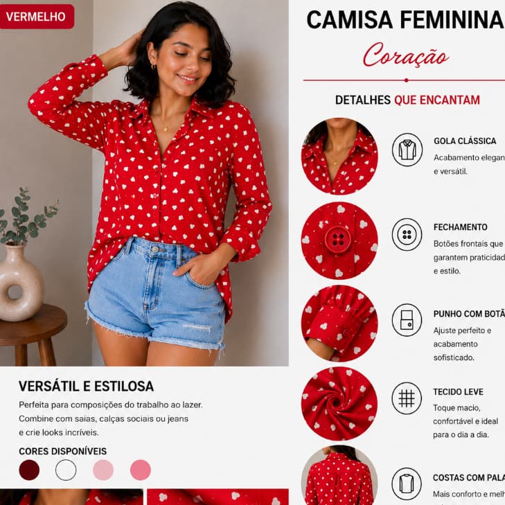 Camisa Feminina Social Corações Manga Longa Elegante Casual Tecido Leve