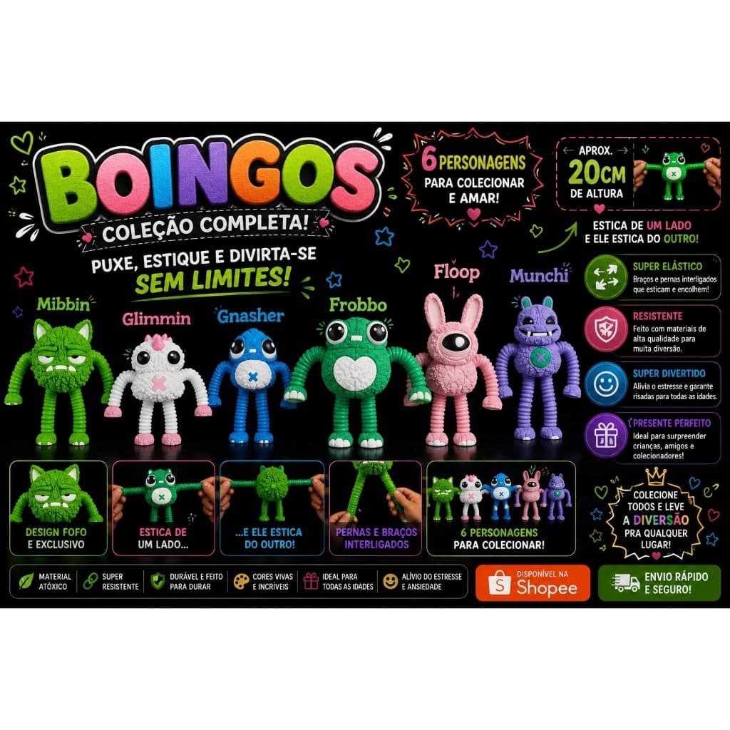 Boingos | Bonecos Elásticos Articulados | Coleção Completa com 6 Personagens