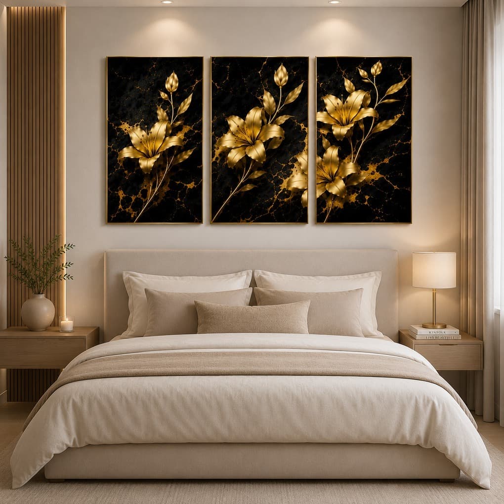 kit 3 quadros de flores douradas luxo floral quadro decorativo sala