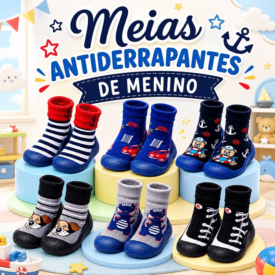 Meia Antiderrapante Sola Emborrachada Menino Confortável Bebê Dia a Dia Primeiros Passos