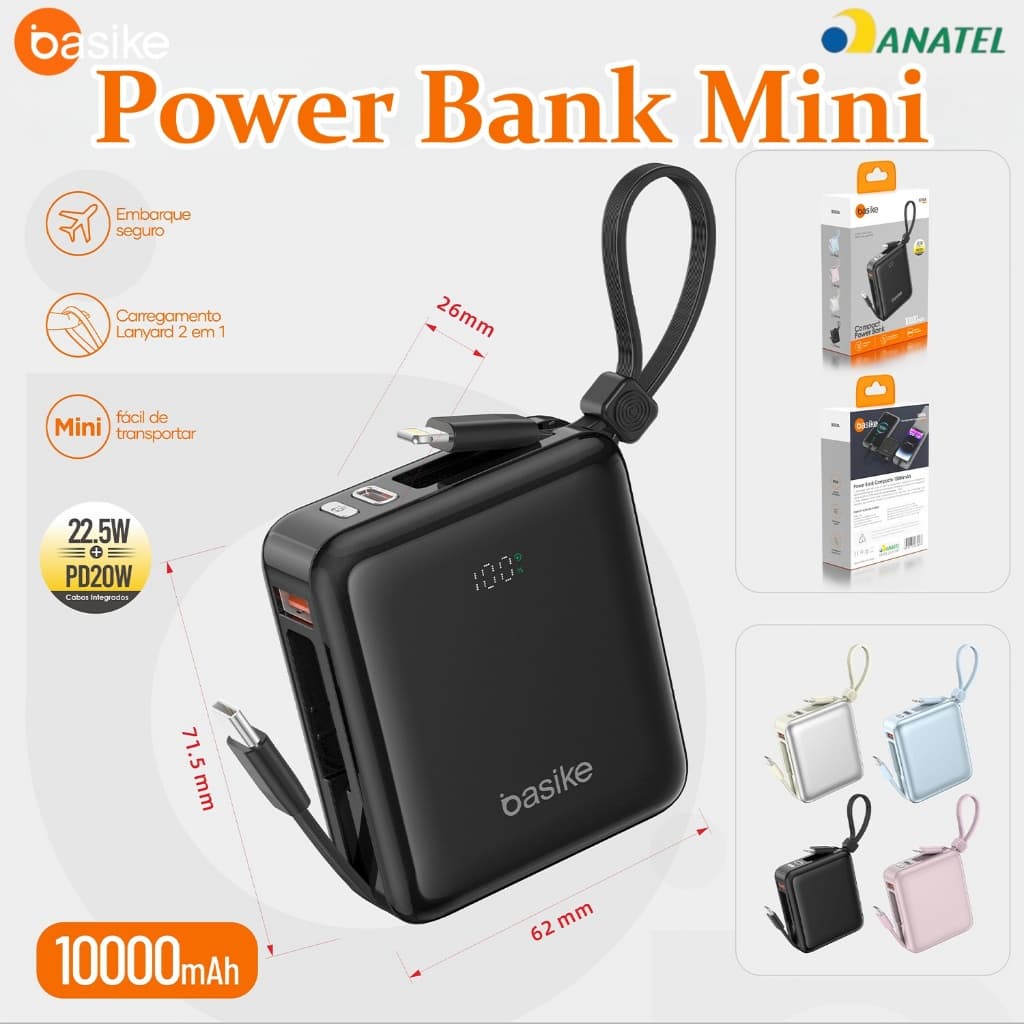 Mini PowerBank BASIKE 10000mAh com PD 22.5W, carregamento rápido e duplo, 2 cabos inclusos/integrados, bateria portátil
