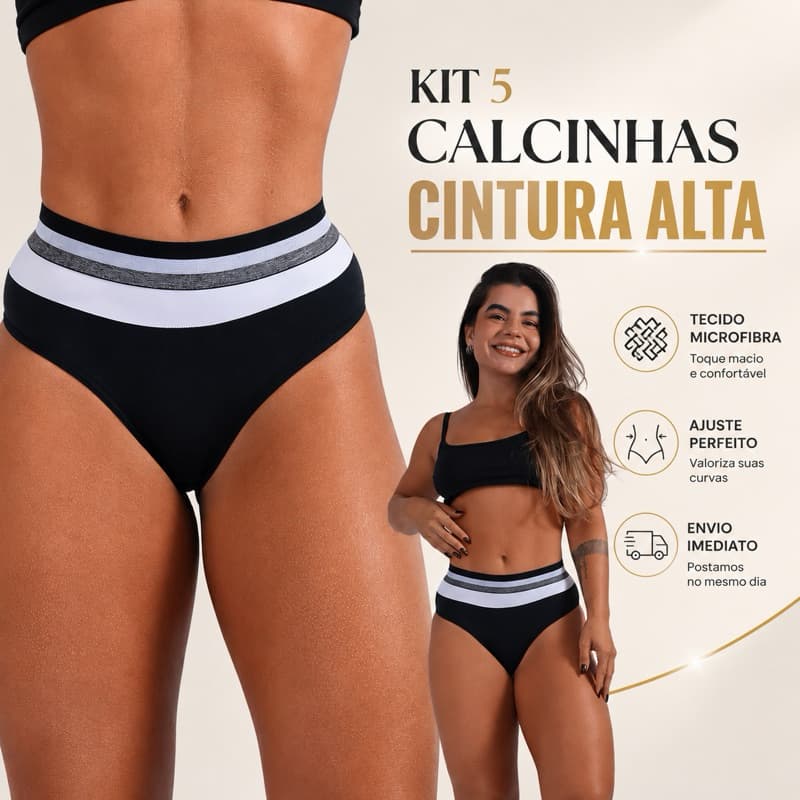 Kit 5 Calcinhas Tanga Cós Alto em Microfibra Elástico Reforçado
