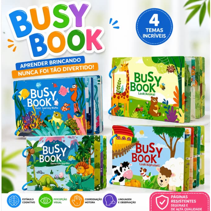 Livro Sensorial Infantil Busy Book Montessori 4 Temas Educativos em Inglês