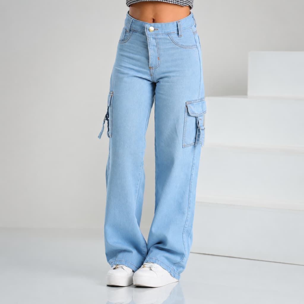 Calça Jeans Cargo Infantil Menina Juvenil Cintura Alta Bolso Lateral Lavagem Clara