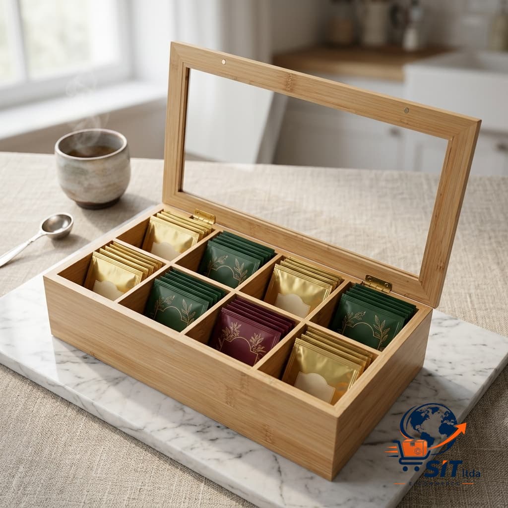 Caixa Tea Bag Organizadora Saches E Chás Material Bambu, Mdf E Plastico Ps 37 Cm X 20 Cm X 9 Cm