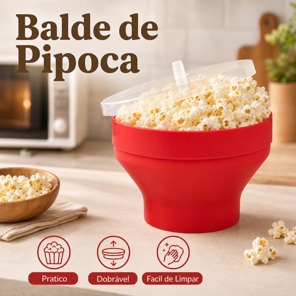 Pipoqueira de Micro-ondas Grande de Silicone Redonda Sem Óleo Com Tampa Sem BPA Fácil de Limpar