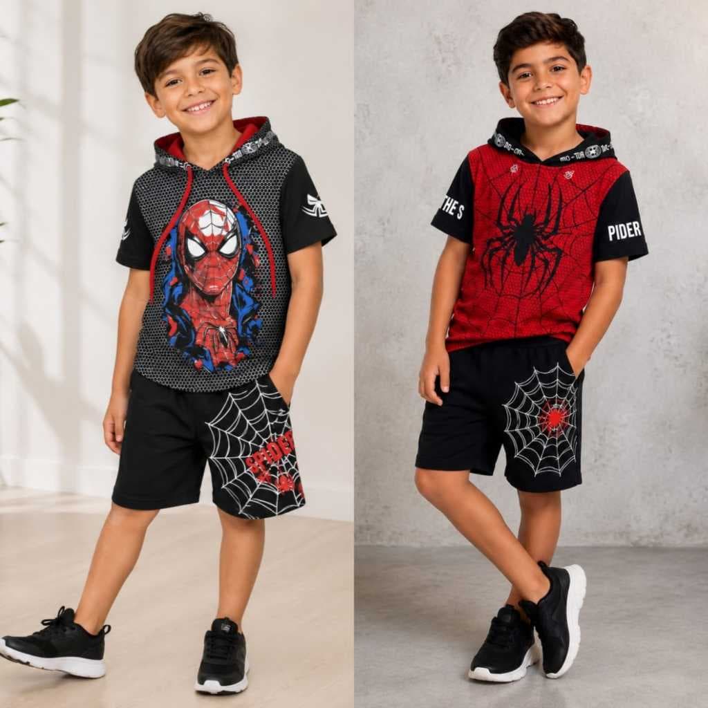 conjunto infantil menino personagem com camisa com capuz e short
